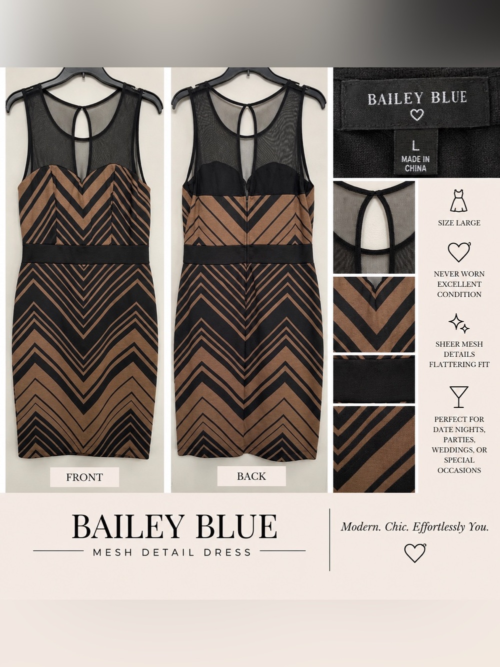 bailey blue Black and Brown Chevron Mesh Detail Midi Dress
